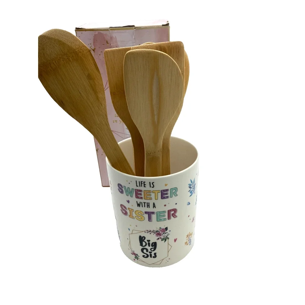 Sister Bamboo Kitchen Utensil Set with Ceramic Holder 6 Piece Gift Set New